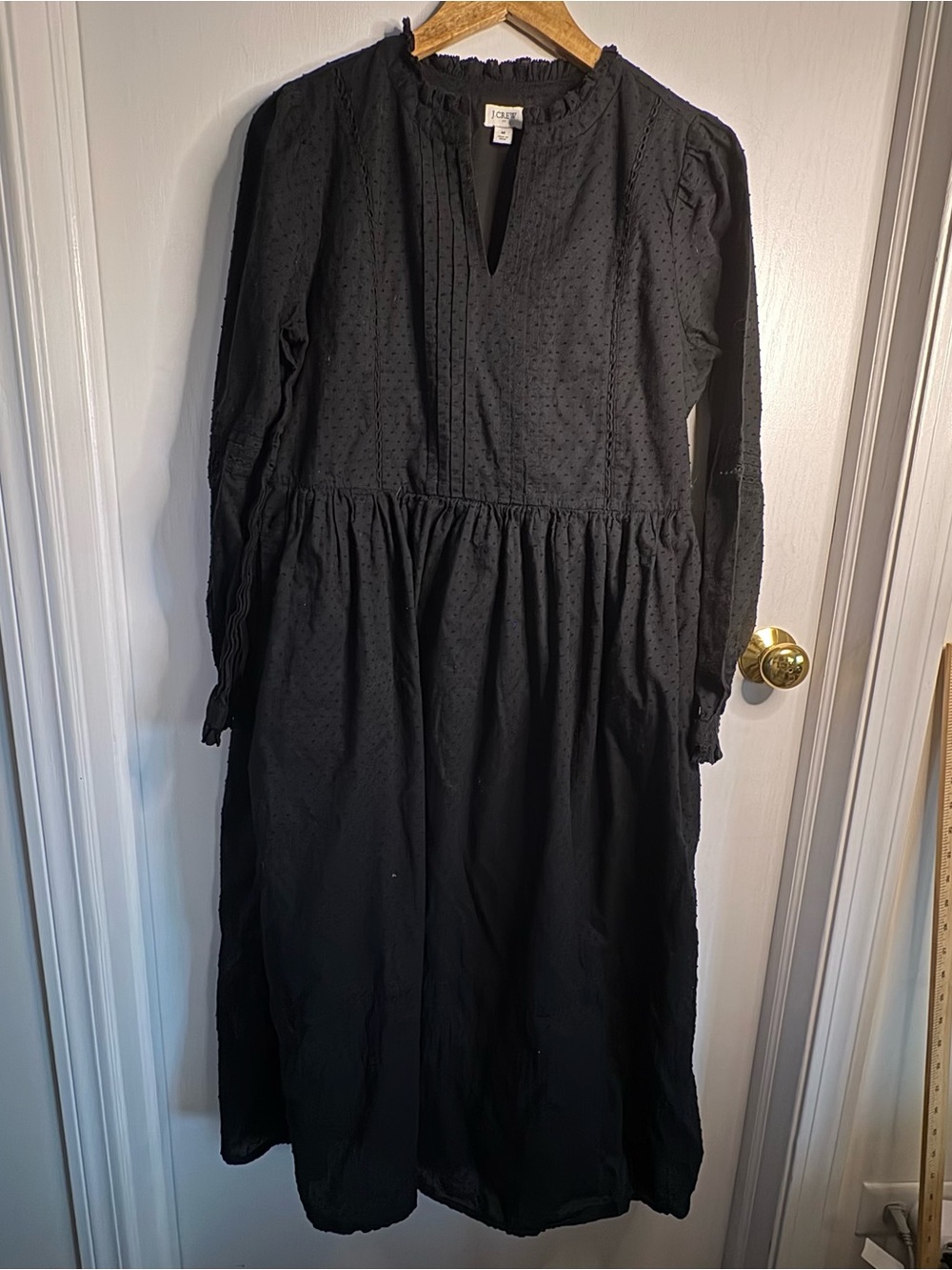 J.CREW Sz M Black Swiss Dot V-Neck Midi Dress Cotton Prairie Cottagecore Cowgirl